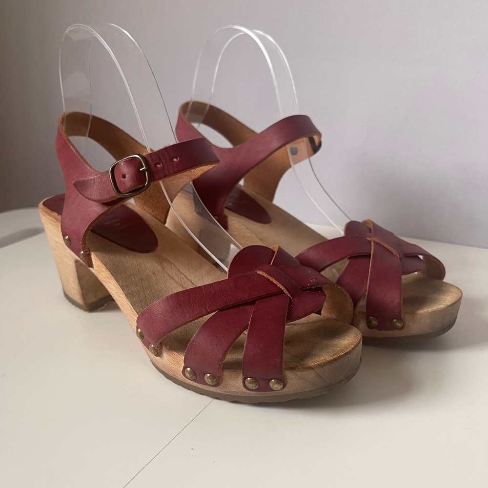 Bosabo Wooden Clog Sandals Burgundy Red Leather platforms 8